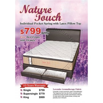 Nature Touch Individual Pocket Spring with Latex Pillow Top + Free Bedframe with drawer